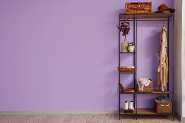 Stylish Coat Rack Lilac Wall Hall — Stock Photo, Image