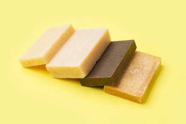 Set Natural Soap Bars Yellow Background — 스톡 사진