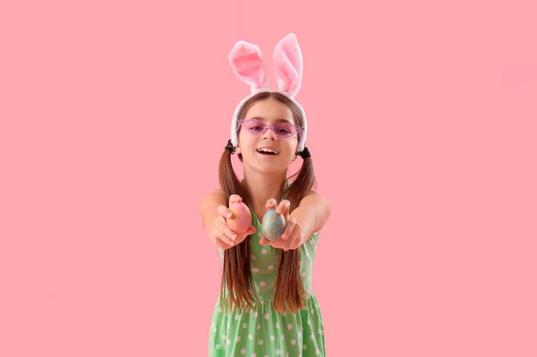 Cute Little Girl Bunny Ears Pink Background — 스톡 사진