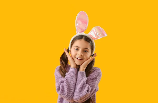 Happy Little Girl Bunny Ears Yellow Background — Stock Photo, Image