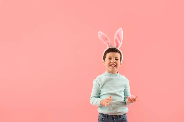 Cute Little Boy Bunny Ears Easter Egg Pink Background — Stock Photo, Image