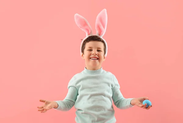Cute Little Boy Bunny Ears Easter Egg Pink Background — Stock Photo, Image