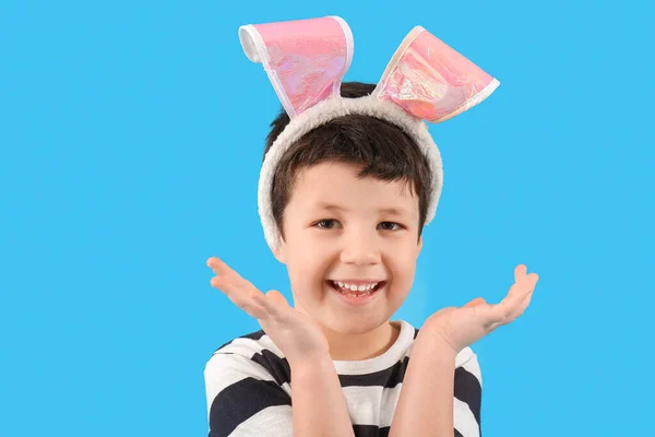 Cute Little Boy Bunny Ears Light Blue Background — Stock fotografie