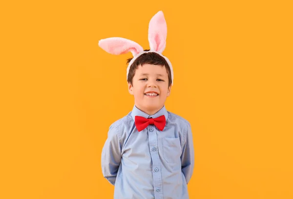 Cute Little Boy Bunny Ears Yellow Background — Stock Photo, Image