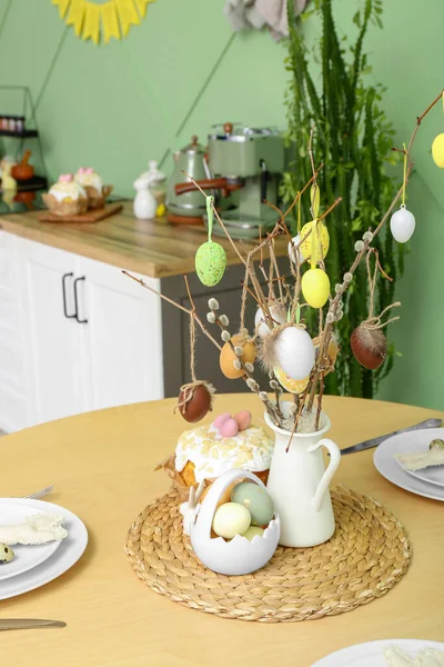 Interior Cocina Moderna Con Mesa Servida Para Celebración Pascua — Foto de Stock