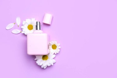 Parfüm şişesi ve leylak arka planda güzel papatya çiçekli kompozisyon