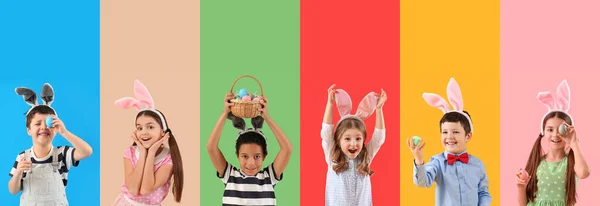 Set Van Vele Kinderen Vieren Pasen Kleur Achtergrond — Stockfoto