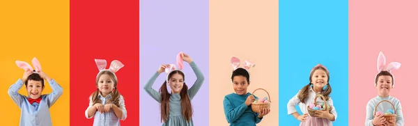 Σύνολο Πολλών Παιδιών Γιορτάζει Πάσχα Στο Φόντο Χρώμα — Φωτογραφία Αρχείου
