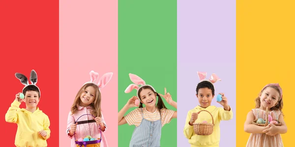 Sada Mnoha Dětí Slaví Velikonoce Barevném Pozadí — Stock fotografie