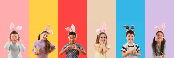 Set Many Children Celebrating Easter Color Background — Stock Photo, Image