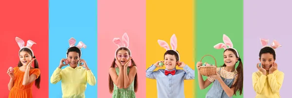 Set Von Vielen Kindern Feiern Ostern Auf Farbigem Hintergrund — Stockfoto