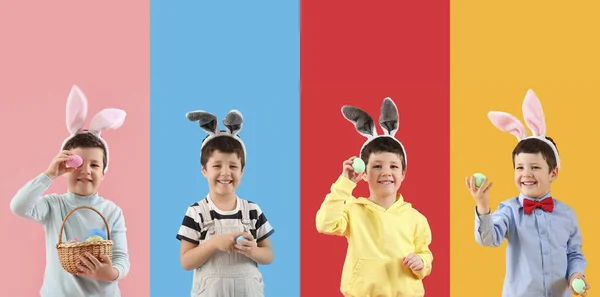 Set Little Boy Celebrating Easter Color Background — Stock Photo, Image