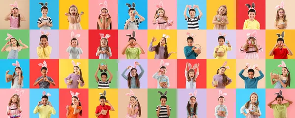 Collage Med Många Barn Firar Påsk Färg Bakgrund — Stockfoto