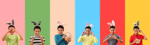 Set African American Boy Celebrating Easter Color Background — Stock Photo, Image