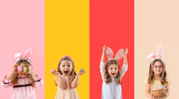 Set Little Girls Celebrating Easter Color Background — Stock Photo, Image