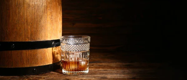 Glass Whiskey Barrel Wooden Background Space Text — Stock Photo, Image