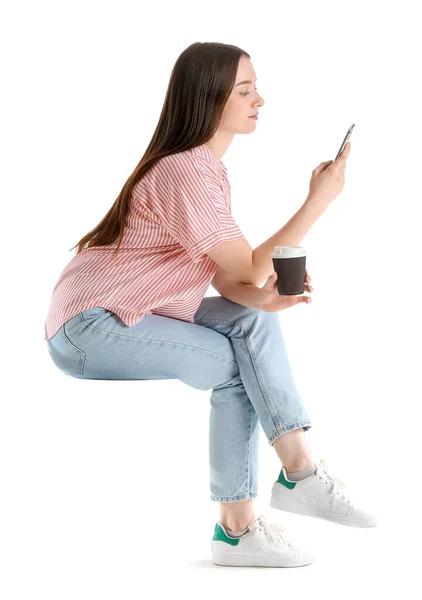 Pretty Young Woman Modern Smartphone Coffee Sitting Chair White Background — Stock Photo, Image