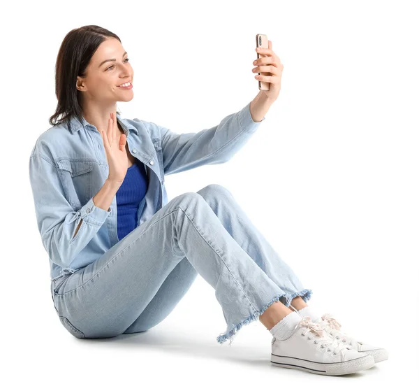 Pretty Young Woman Smartphone Taking Selfie White Background — Stock fotografie