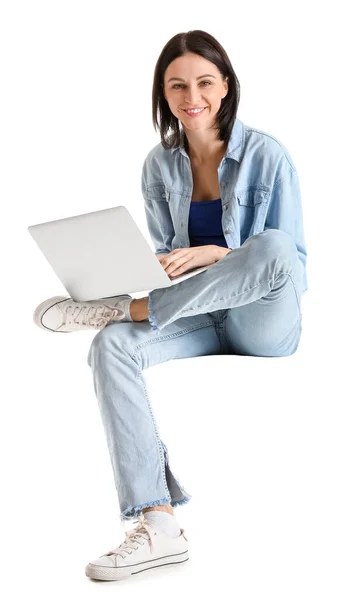Mooie Jonge Vrouw Met Laptop Zittend Stoel Tegen Witte Achtergrond — Stockfoto