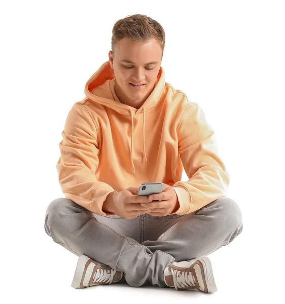 Jeune Homme Utilisant Smartphone Sur Fond Blanc — Photo