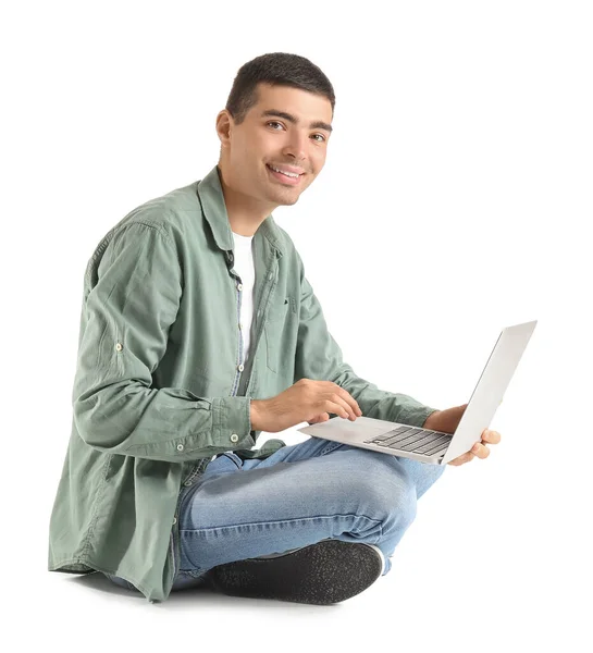 Young Guy Laptop Sitting White Background — Stock Photo, Image