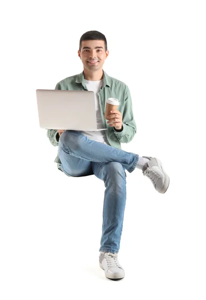 Young Guy Cup Coffee Laptop Sitting Chair White Background — Stock Photo, Image
