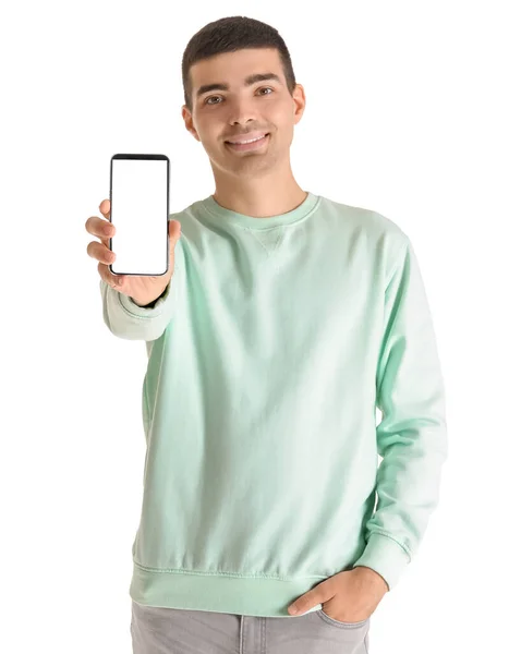 Przystojny Facet Telefonem Komórkowym Białym Tle — Zdjęcie stockowe