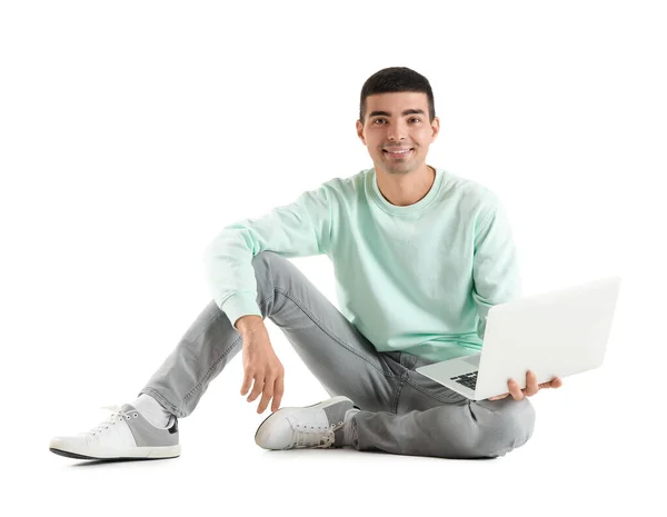 Handsome Guy Laptop Sitting White Background — Stock Photo, Image