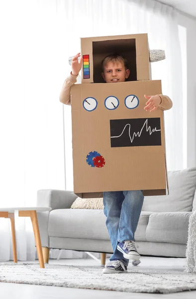 Little Boy Cardboard Robot Costume Playing Home — Stock Photo, Image