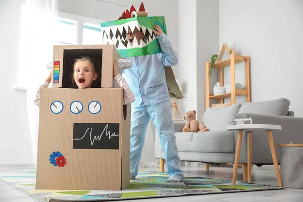 Little Children Cardboard Costumes Playing Home — Stock Photo, Image