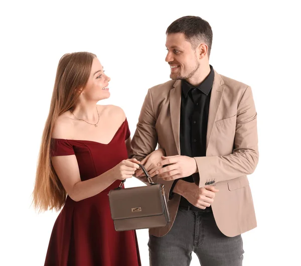 Young Man Taking His Wife Bag White Background — Stock Photo, Image