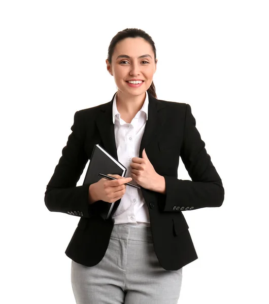 Vrouwelijke Business Consultant Met Notebook Pen Witte Achtergrond — Stockfoto