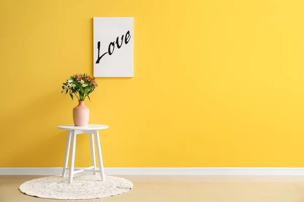 Vase Beautiful Alstroemeria Flowers Stool Poster Word Love Yellow Wall — Stock Photo, Image