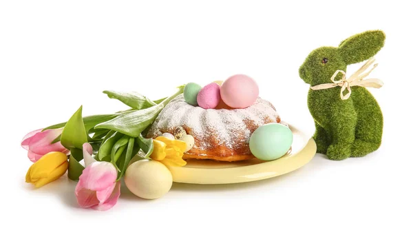 Смачний Великодній Торт Квіти Тюльпанів Іграшковий Кролик Розфарбовані Яйця Білому — стокове фото