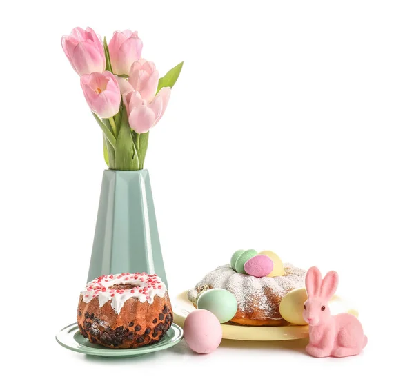 Tasty Easter Cakes Tulip Flowers Eggs Toy Bunny White Background — Stock Photo, Image