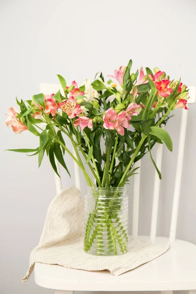 Vase Beautiful Alstroemeria Flowers Chair Light Wall Closeup — Stock Photo, Image