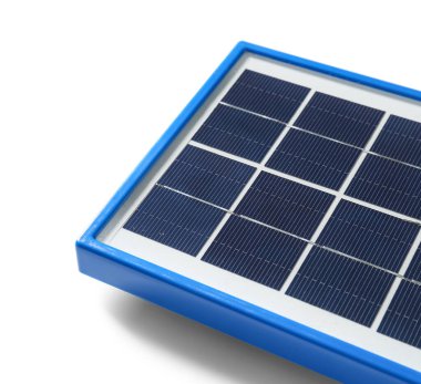 Portable solar panel on white background, closeup