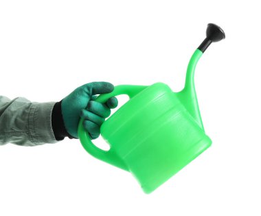 Beyaz arkaplanda sulama kutusu olan bahçıvan