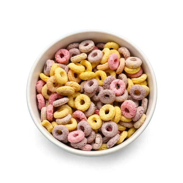 Bowl of colorful cereal rings isolated on white background