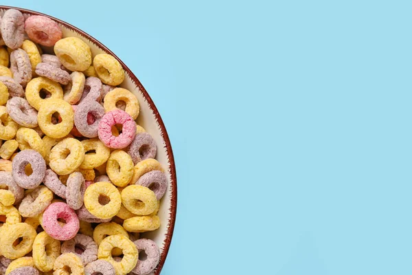 Bowl Colorful Cereal Rings Blue Background — Stock Photo, Image