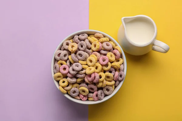 Bowl Cereal Rings Pitcher Milk Colorful Background — Stock Photo, Image