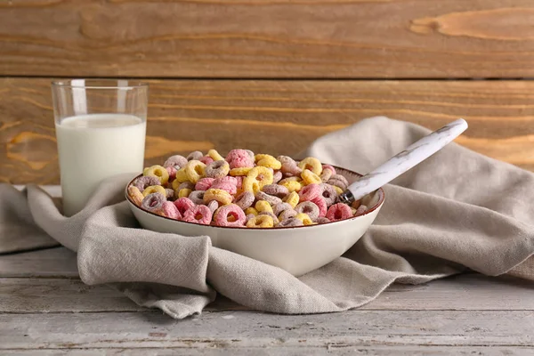 Bowl Colorful Cereal Rings Glass Milk Grey Wooden Table — Stock Photo, Image