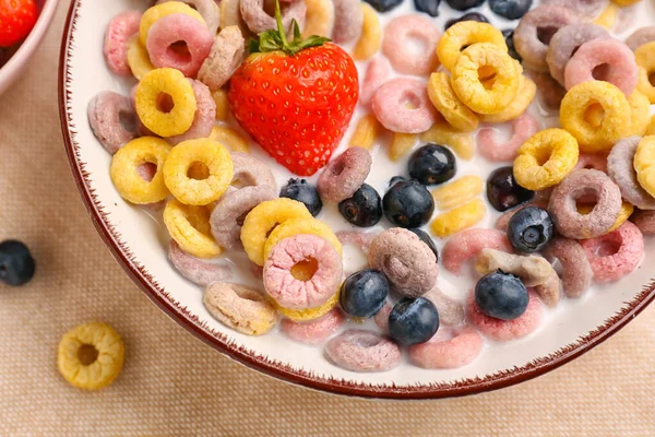 Bowl Colorful Cereal Rings Milk Berries Napkin — Stock Photo, Image
