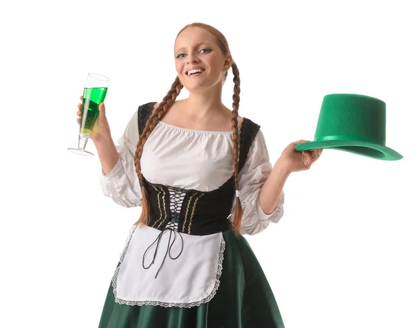 Irish Waitress Glass Beer Leprechaun Hat White Background Patrick Day — Stockfoto
