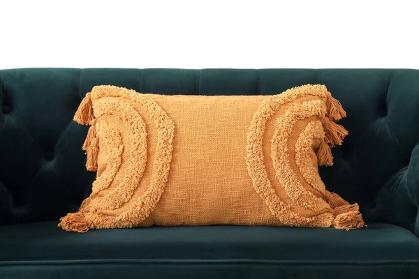 Sofá Verde Com Travesseiro Elegante Sala Estar Close — Fotografia de Stock