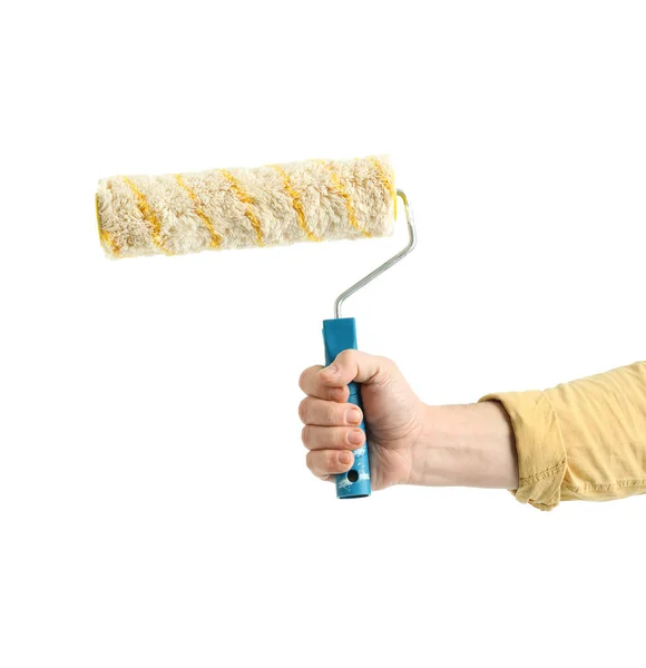 Worker Paint Roller White Background — Stock Photo, Image