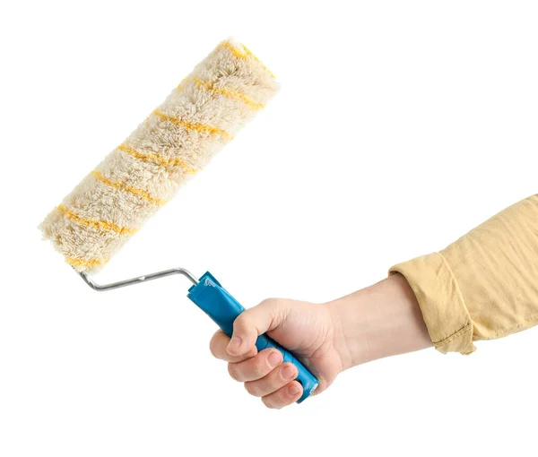 Worker Paint Roller White Background — Stock Photo, Image