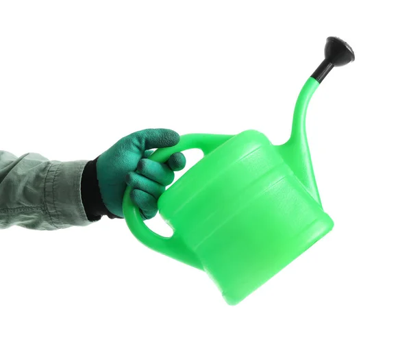 Gardener with watering can on white background