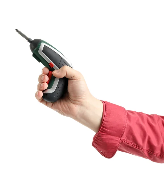 Worker Electric Screwdriver White Background — Stock Photo, Image