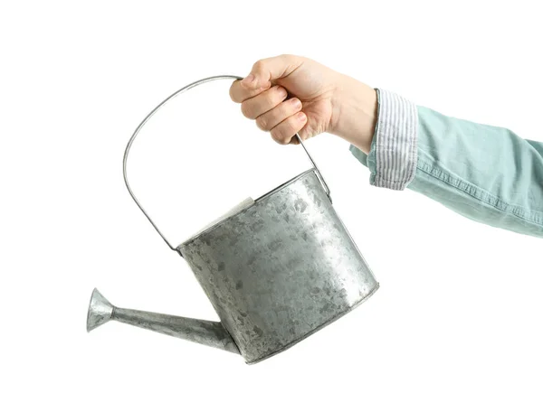 stock image Gardener with watering can on white background